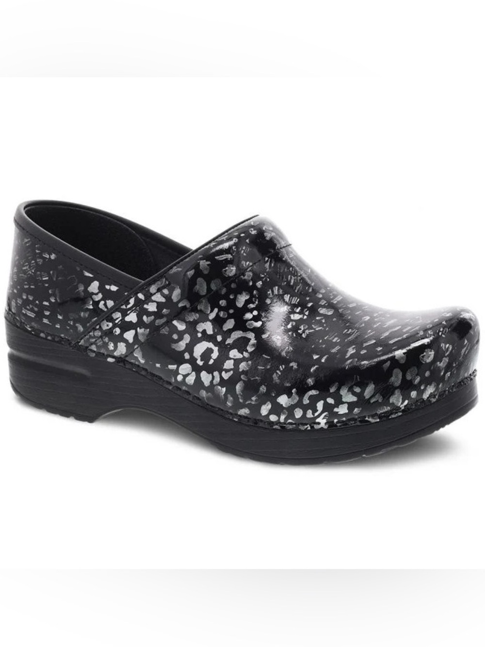 Dansko Black Clog with Pewter Leopard Print Clogs Women’s Size 9